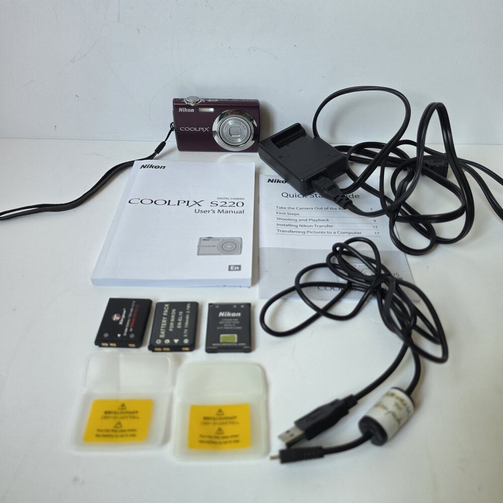 Nikon Coolpix S220 Digital Camera Plum Charger 3 Batteries 3X Zoom 10.0 MP